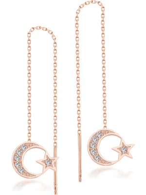 Normadia Şık Kadın Gümüş Ay Yıldız Zincir Küpe, Zarif Takı Hediye Seçeneği