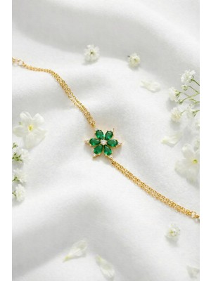 Çekirdek Jewelry 925 Ayar Gümüş Yeşil Taşlı Lotus Bileklik