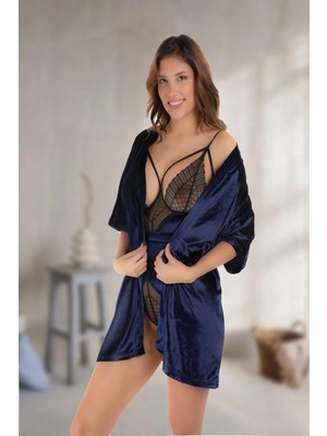 Narnuga Modlive Lacivert Kadife Sabahlık & Gecelik Takım 2' Li - 1433