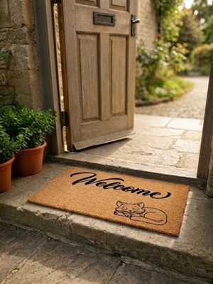 Beylini Welcome Yazılı Kedi Desenli Koko Paspas Ev Dış Kapı Tpr Kaymaz Taban Modern Su Geçirmez Bej 70X45CM