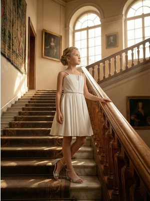 Kız Çocuk Krem Krep Askılı Taş Detaylı Zarif Abiye Elbise 11-15 Yaş