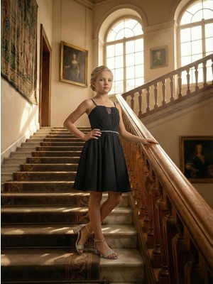 Butik Happy Kids Kız Çocuk Siyah Krep Askılı Taş Detaylı Zarif Abiye Elbise 11-15 Yaş