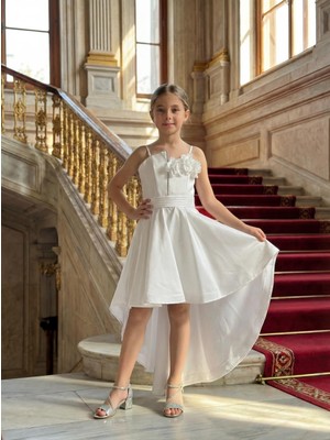 Kız Çocuk  Krem Saten Abiye asimetrik Etekli  Çiçek Detaylı  Askılı Abiye Elbise 11-15 Yaş