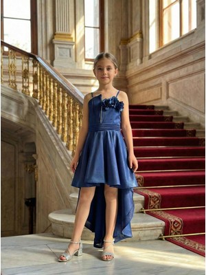 Butik Happy Kids Kız Çocuk Lacivert Saten Abiye asimetrik Etekli, Çiçek Detaylı  Askılı Abiye Elbise 11-15 Yaş