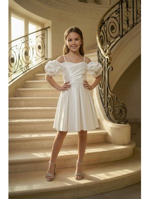 Butik Happy Kids Kız Çocuk Askılı Krem Balon Kollu Monoray Kumaş Abiye Elbise 9-15 yaş