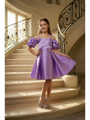 Kız Çocuk Askılı Lila Balon Kollu Monoray Kumaş Abiye Elbise 9-15 yaş