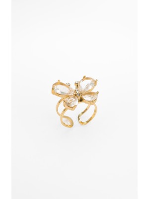 Stella Fortis Işıltılı Kelebek Figürlü Ayarlanabilir Kadın Yüzük - Kristal Taşlı | Paslanmaz Çelik