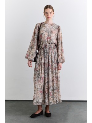 Manuka Geniş Kol Desenli Elbise Bouquet