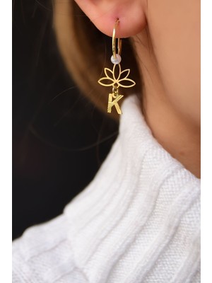 Normadia 925 Ayar Gümüş Gold Kaplama Harfli Lotus Halka Küpe