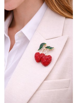 Josellini Kırmızı Kristal Taşlı Kiraz Figürlü Kadın Broşu Şık Yaka Iğnesi