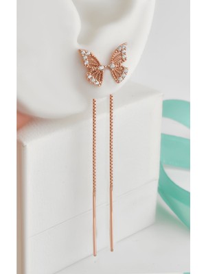 Normadia Parlak Gümüş 925 Rodyumlu Kelebek Zirkon Taşlı Zincirli Küpe