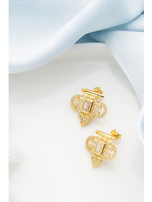 Çekirdek Jewelry 925 Ayar Gümüş Altın Kaplama Baget Taşlı Küpe