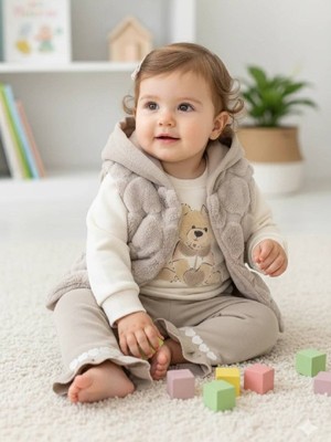 Kız Bebek Kapşonlu Peluş Yelekli Kız Bebek 3'lü Kombin Takım Bayramlık Özel Gün Takım