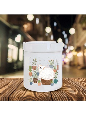 Hediyara Kaktüs ve Kedi Baskılı Seramik Şık Küllük