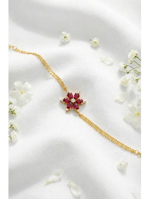 Çekirdek Jewelry 926 Ayar Gümüş Kırmızı Taşlı Lotus Bileklik