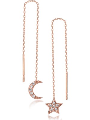 Normadia 925 Ayar Rose Ay Yıldız Zincir Küpe, Şık ve Zarif Tasarım