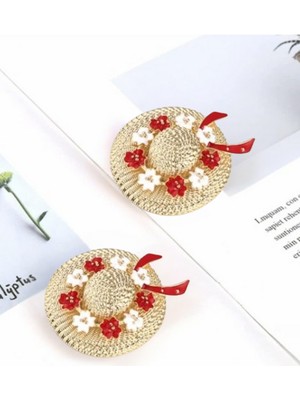 Josellini Çiçekli Hasır Şapka Tasarımlı Kadın Broşu Kırmızı Beyaz  Taşlı Yaka Iğnesi