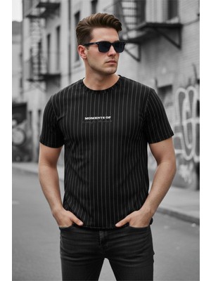 Oksit Moments Of Baskılı Ince Çizgili Premium Jakarlı Slim Fit Likralı Erkek T-Shirt