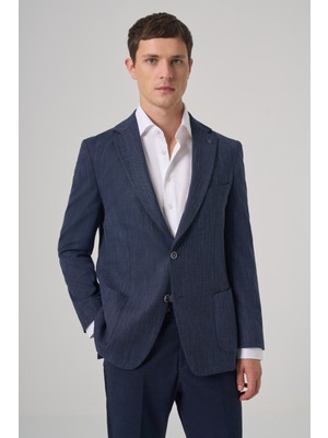 Morven  Erkek Marine Poliviskon Trend Desenli Dynamic Fit Mono Yaka Ceket