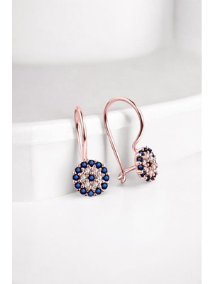 Normadia 925 Ayar Gümüş Çocuk Nazar Rose Küpe, Safir Taşlı, Şık ve Zarif Tasarım