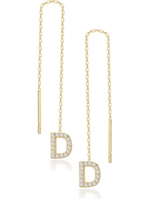 Normadia D Harfi Taşlı Altın Zincir Gümüş Küpe Şık ve Zarif Tasarım