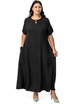 Disentis Modest Büyük Beden Katlamalı Yarım Kollu Apoletli Yırtmaçlı Uzun Siyah Elbise