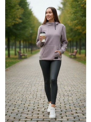 Knup Kadın Gri Kışlık Sweatshırt - Cepli,kapüşonlu,polar Kumaş