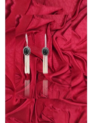 Normadia Siyah Oniks Taşlı Gümüş Zincirli Kadın Küpe, Şık ve Zarif Takı