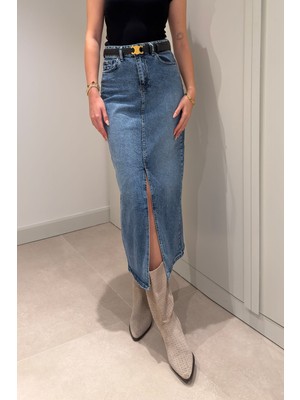 Magarde Kemerli Önü Yırtmaçlı Kalem Etek- Mavi