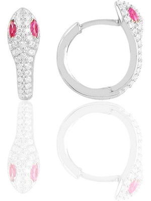 Normadia Fuşya Taşlı, Rodyum Kaplamalı Yılan Halka Küpe Şık ve Zarif Tasarım