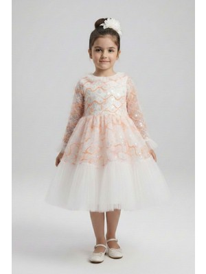 Mnk Baby & Kids Kız Çocuk Ispanyol Kol Tül Detaylı Kabarık Etekli Özel Gün Düğün Elbisesi M00793