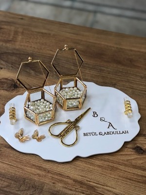 Masalsı Concept Cam Yüzüklüklü Kelebek Süslemeli Pleksi Söz Tepsisi Nişan Tepsisi Kız Isteme Tepsisi Yüzüklük Makas