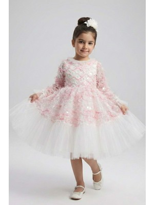 Mnk Baby & Kids Kız Çocuk Ispanyol Kol Tül Detaylı Kabarık Etekli Özel Gün Düğün Elbisesi M00793