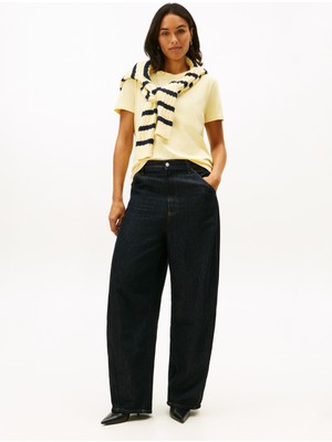 Tommy Hilfiger Sarı Kadın Standart Fit Desenli T-Shirt Reg Corp Logo C-Nk Ss