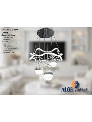 Alge Avize Kral Tacı 3 Top Krom Modern LED Avize