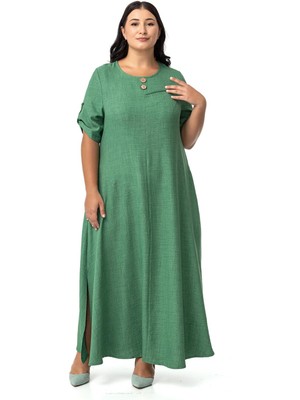 Disentis Modest Büyük Beden Katlamalı Yarım Kollu Apoletli Yırtmaçlı Uzun Yeşil Elbise