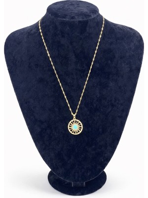 Pangu Mavi Taşlı Güneş Figürlü Altın Renk Çelik Kolye