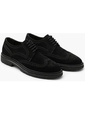 Onater Erkek Hakiki Deri  Siyah Süet Klasik  Premium Brogue Ayakkabı