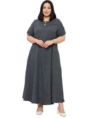 Disentis Modest Büyük Beden Katlamalı Yarım Kollu Apoletli Yırtmaçlı Uzun Antrasit Elbise