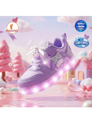 Mocno Incili ve Fiyonklu Lila-Mor Işıklı Kız Çocuk Sneaker Spor Ayakkabı