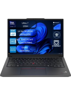 Lenovo Thinkpad E14 Gen6 Intel Core Ultra 7 155H Ddr5 24GB 512GB SSD Intel® Aı Boost 14" Wuxga IPS Windows 11 Pro Taşınabilir Bilgisayar+ Mouse Hediyeli 21M70031TX EX02