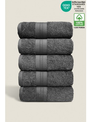 Ellaline 5'li Havlu Seti %100 Pamuk Sertifikalı, El Yüz Mutfak Havlusu Takım Elmas Bordürlü Antrasit 50X80CM