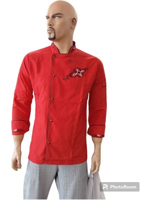 Kırmızıya Siyah Nakış ve Biyeli Aşçı Ceketi