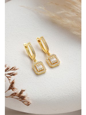 Normadia 925 Ayar Gümüş Gold Kaplama U Model Baget Taşlı Küpe