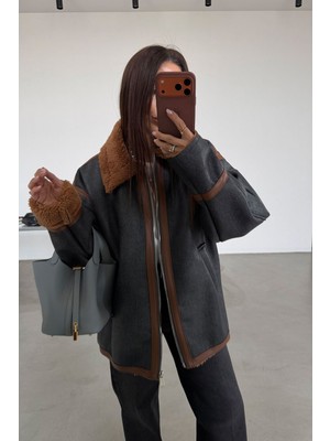 Özge Özgenç Içi Kürklü Deri Görünümlü Biker Mont