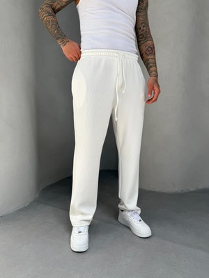 KağanKY Beyaz Ince Fitilli Baggy Eşofman