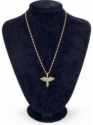 Pangu Altın Renk Turkuaz Taşlı Kartal Figürlü Modern Çelik Kolye