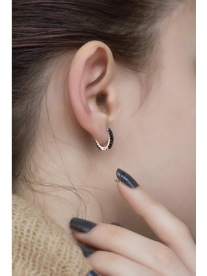 Normadia Yuvarlak Sallantılı Siyah Gümüş Küpe, Zirkon Taşlı, Rose Pembe Tasarım