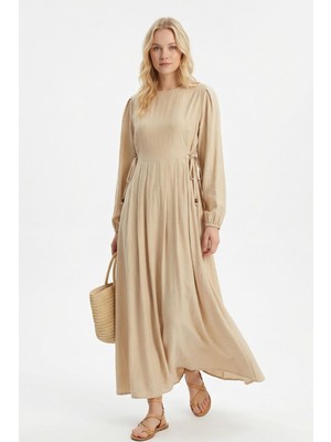 Rays 4470A Yan Bağlamalı Uzun Elbise Bej