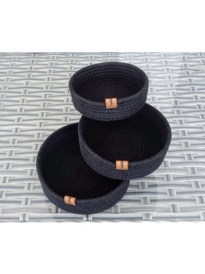 Delixa Ev Banyo Hasır Sepet 3 Adet Yuvarlak Siyah Jüt Kordon Pamuk Polyester Ip Örme Sepet Dekoratif Düzenl